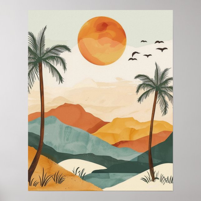 Boho Desert Sunset Landscape Wall Art Print Poster (Framsidan)