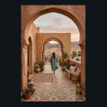Boho Desert Woman Walking to Sunset Arches, Cactus Poster<br><div class="desc">Boho desert scene with woman in flowing blue dress walking toward sunset arches, framed by terracotta walls, cacti, agave, and monstera plants. Patterned rug, woven baskets, and tiled floor add cozy Southwest charm. Perfect for bedroom, living room, or boho entryway decor—high-resolution digital illustration. Capture dreamy desert wanderlust with this boho...</div>