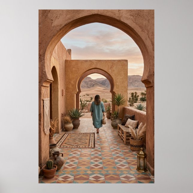 Boho Desert Woman Walking to Sunset Arches, Cactus Poster (Framsidan)