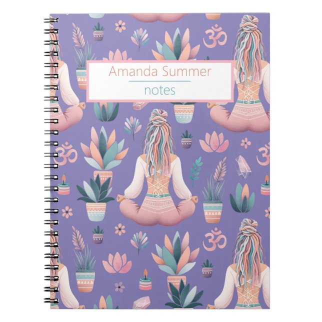 Boho Design- Frau mit Dreadlocks- Meditation- OM Anteckningsbok (Framsidan)