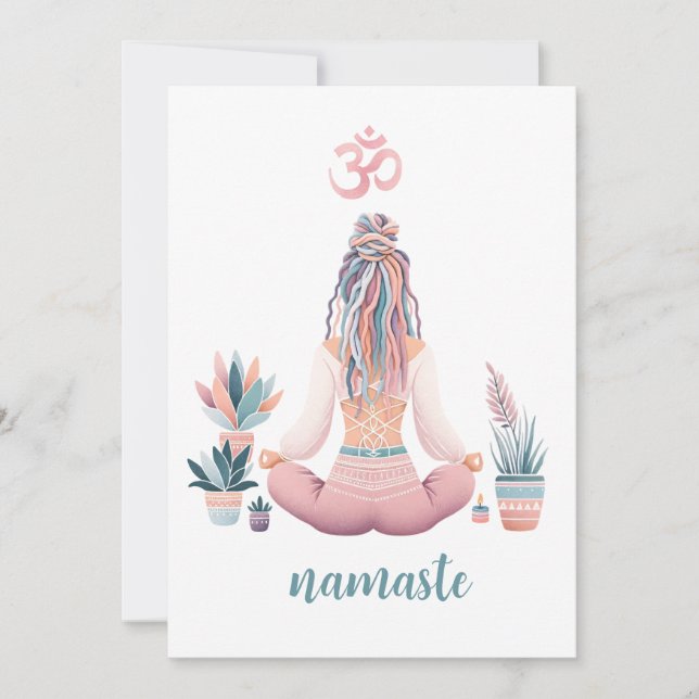 Boho Design- Frau mit Dreadlocks- Meditation- OM Inbjudningar (Framsida)