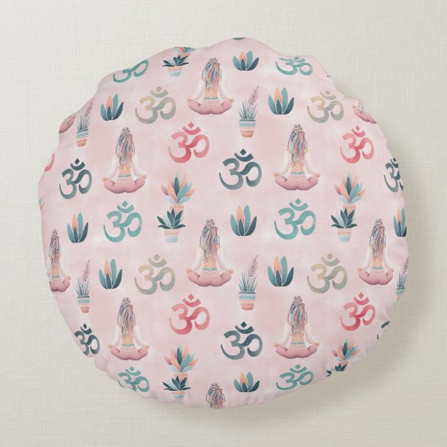 Boho Design- Frau mit Dreadlocks- Meditation- OM Rund Kudde (Baksidan)