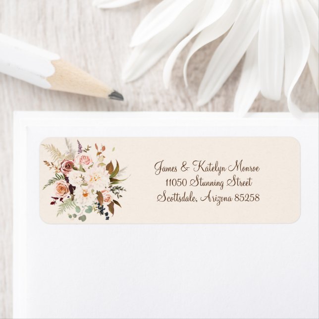 Boho Design Ro Flowers Bröllop Returadress Etikett (Insitu)