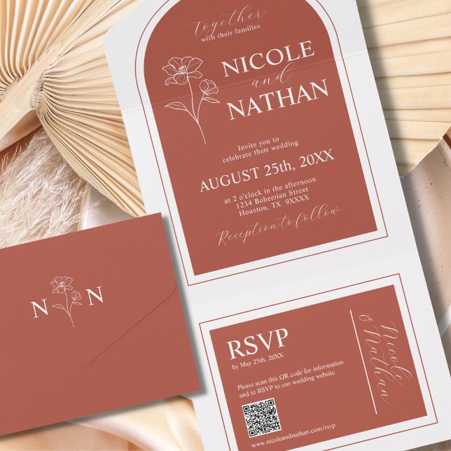 Boho Design Terracotta Rust Earth Tone | QR-kod (Boho Design Terracotta Rust Earth Tone | QR code All In One Invitation)