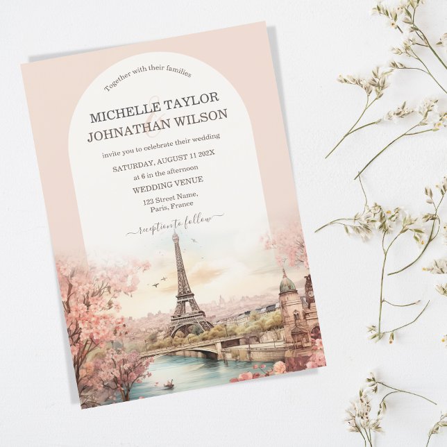 Boho Destination Wedding Paris Eiffel Torn Frankri Inbjudningar (boho paris watercolor blush pink)