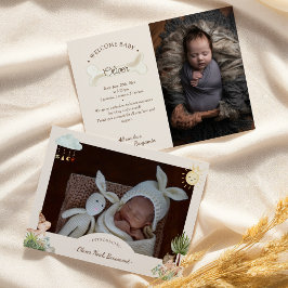 Boho Dinosaur Beige Two Photo Birth Notice Meddelande
