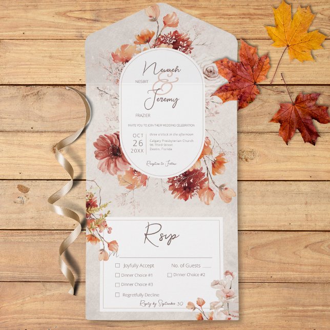 Boho Distress Cream Fall Blommigt tre på middag (Boho Distressed Cream Fall Floral Three Dinner All In One Invitation)