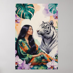 Boho Djungeldrömmar Vit Tiger & Kvinna Poster