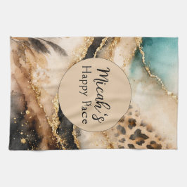 Boho Djurtryck, Guld Agat Beige Blå Svart Kökshandduk