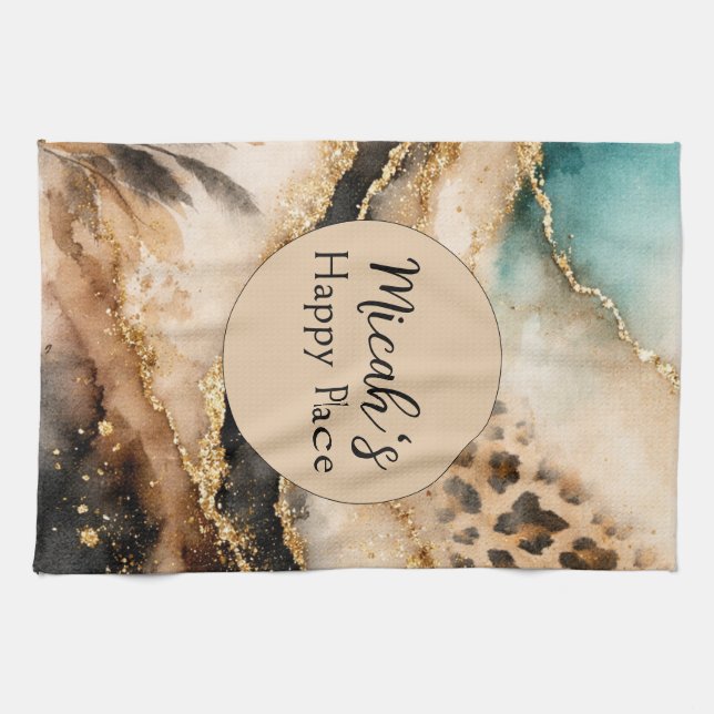 Boho Djurtryck, Guld Agat Beige Blå Svart Kökshandduk (Horisontell)