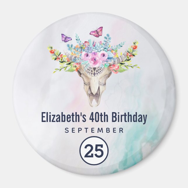 Boho-dödskalle med en blomsterbukett Save the Date Magnet (Framsidan)