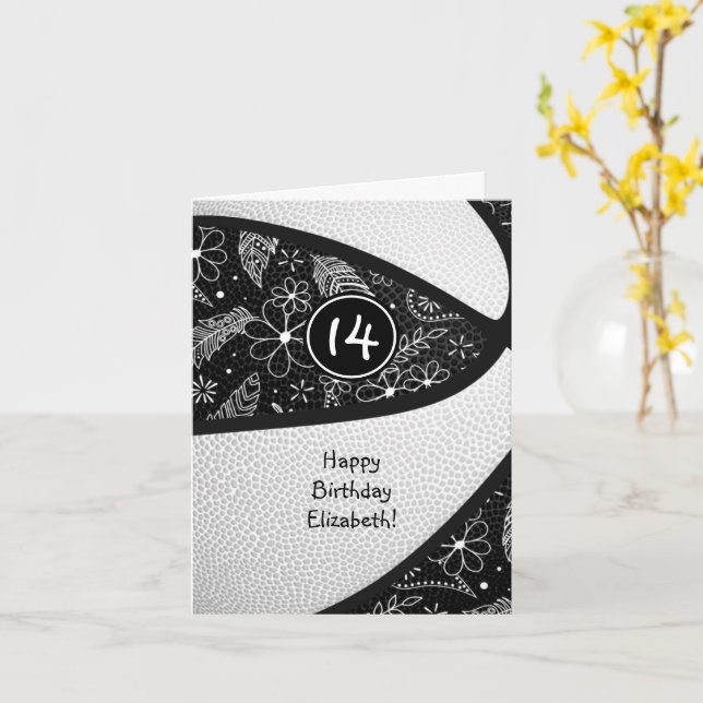 boho doodle svart vit flickig basket födelsedag kort (Gul blomma)