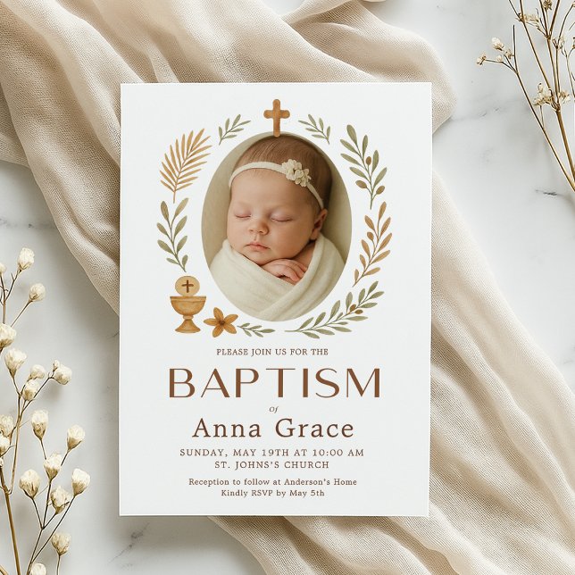Boho dopinbjudan för bebis  inbjudningar (Baptism invitation with a peaceful baby and elegant gold cross design)