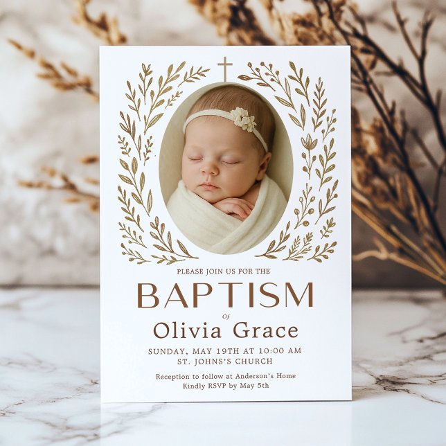 Boho dopinbjudan med blomsterkrans och bebis inbjudningar (Baptism invitation for Olivia Grace, featuring a soft and elegant design with a floral border.)