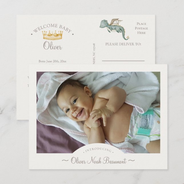 Boho Dragon Photo Birth Announement Postcard Meddelande Vykort (Fram/baksida)