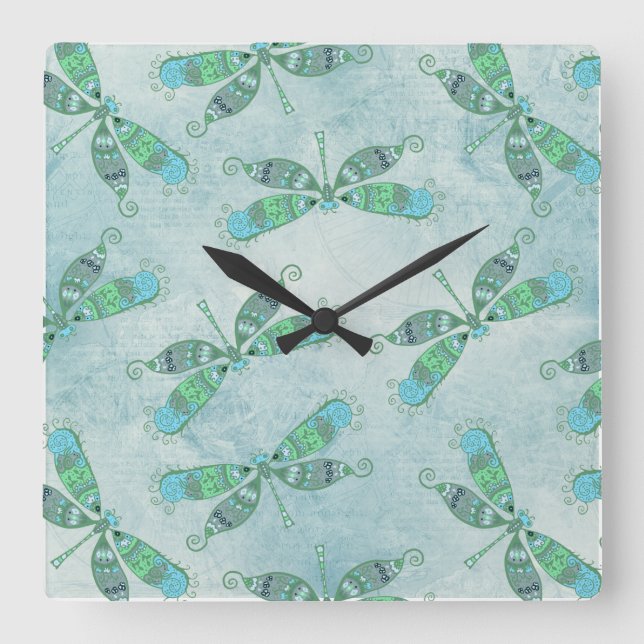 Boho Dragonflies i Blue Fyrkantig Klocka (Framsida)