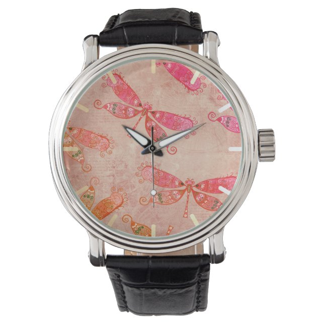 Boho Dragonflies i Rosa Armbandsur (Framsida)