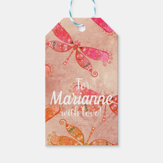 Boho Dragonflies i Rosa Presentetikett (Framsidan)