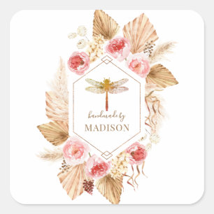 Boho Dragonfly Blommigt Product Label Stickers Fyrkantigt Klistermärke