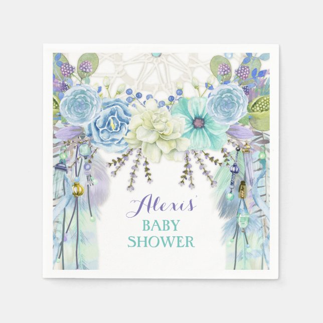 Boho Dream Catcher Feather Tribal Aqua Blue Pappersservett (Framsidan)