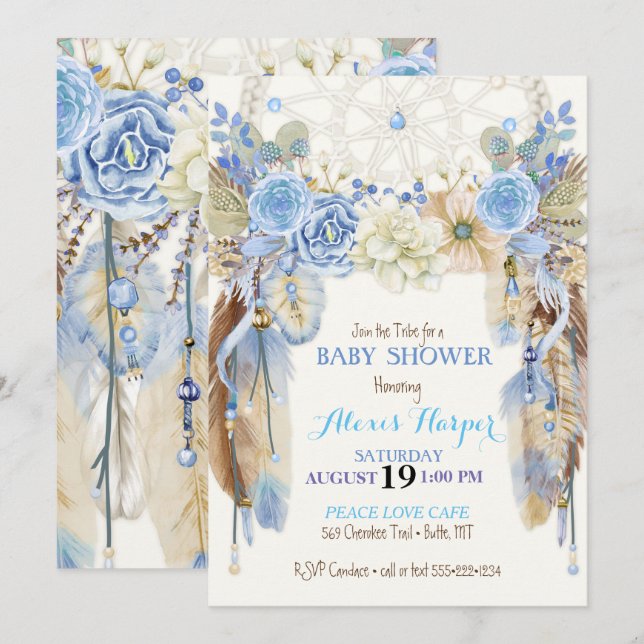 Boho Dream Catcher Feathers Blue Ivory Brown Inbjudningar (Fram/baksida)