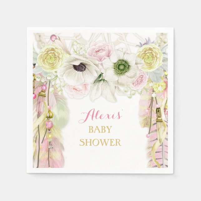 Boho Dream Catcher Feathers Rosa Gult Pappersservett (Framsidan)