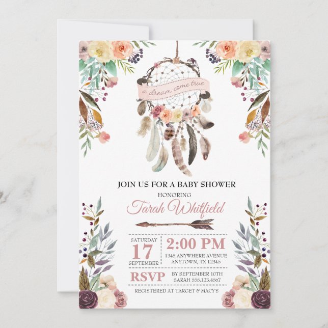 Boho Dream Catcher inbjudan till Dusky Baby Shower (Framsida)