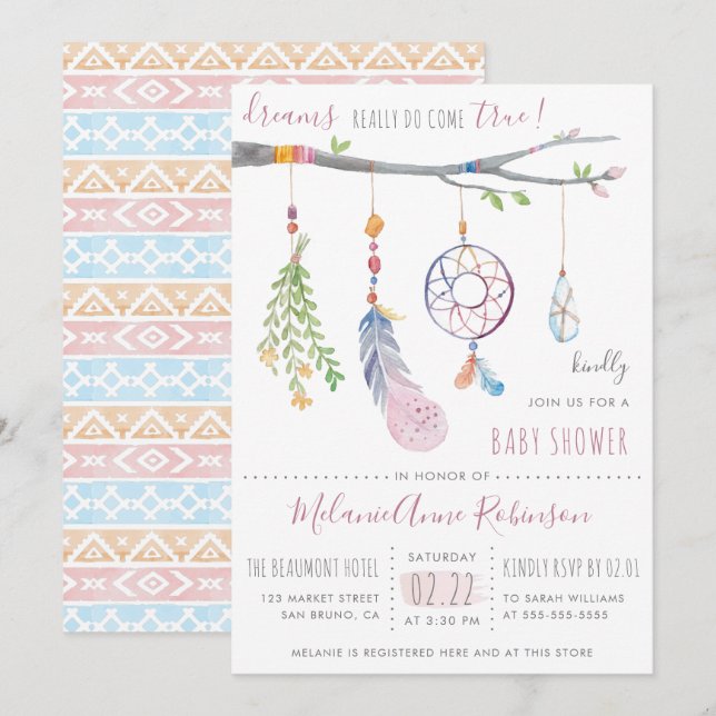 Boho Dream Catcher och stamblommor, babyskor Inbjudningar (Fram/baksida)