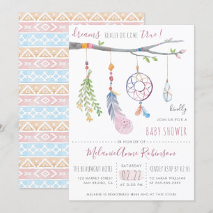 Boho Dream Catcher och stamblommor, babyskor Inbjudningar
