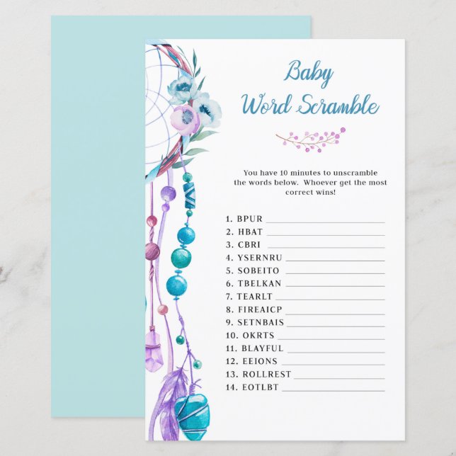 Boho Dreamcatcher Baby Shower Ord Scramble (Fram/baksida)