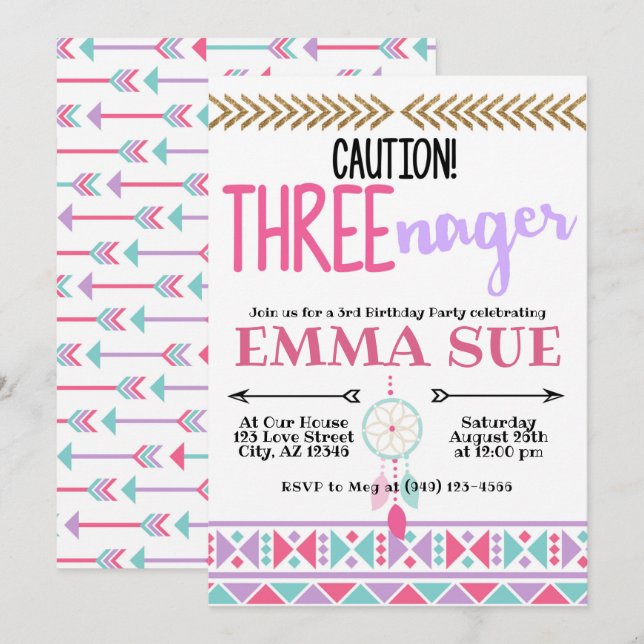 Boho Dreamcatcher Caution 3:e födelsedagen Inbjudningar (Fram/baksida)