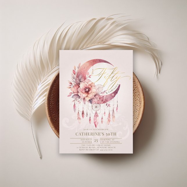 Boho Dreamcatcher Crystals Blommigt 50:e födelseda Inbjudningar (boho dreamcatcher 50 fabulous birthday invitation women crystals moon watercolor chic)