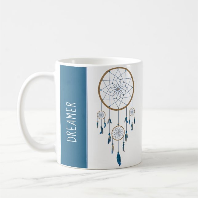 Boho Dreamcatcher Fyra Webbarna blå fjädrar Kaffemugg (Vänster)