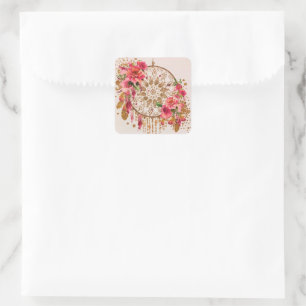 Boho Dreamcatcher Rosa Guld Blommigt Watercolor Fyrkantigt Klistermärke