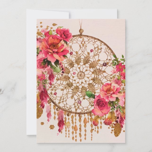 Boho Dreamcatcher Rosa Guld Blommigt Watercolor Julkort (Framsida)