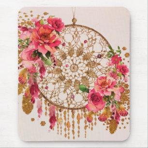 Boho Dreamcatcher Rosa Guld Blommigt Watercolor Musmatta
