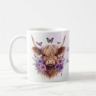 Boho Dreams Blommigt Lila Highland Cow Whimsical Kaffemugg