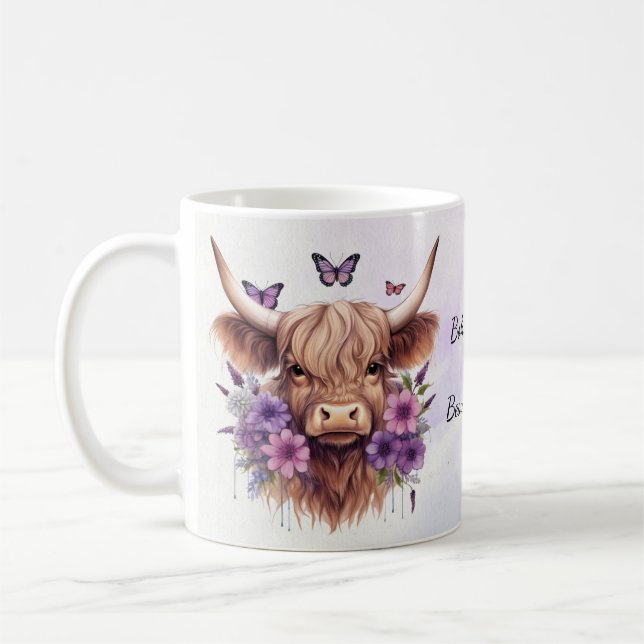 Boho Dreams Blommigt Lila Highland Cow Whimsical Kaffemugg (Vänster)