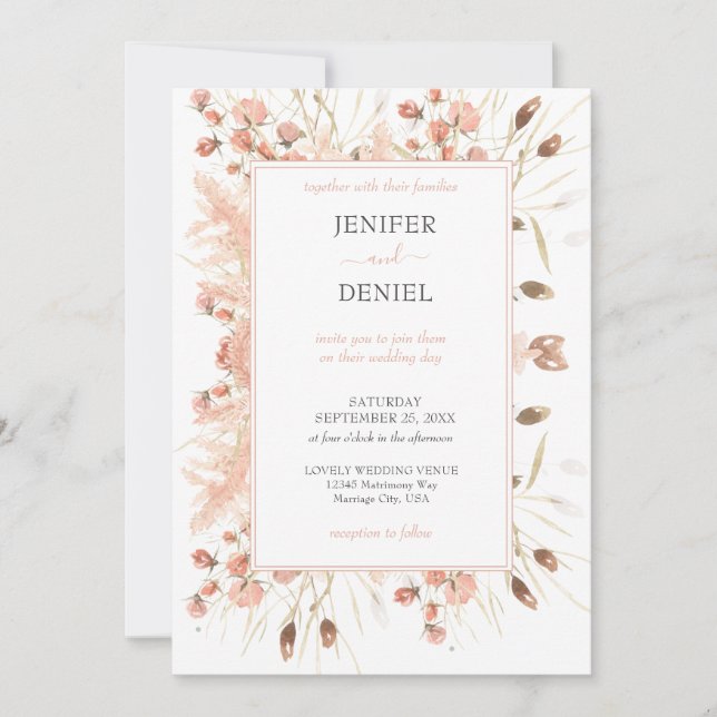 Boho Dried Watercolor Floral Wedding Inbjudningar (Framsida)
