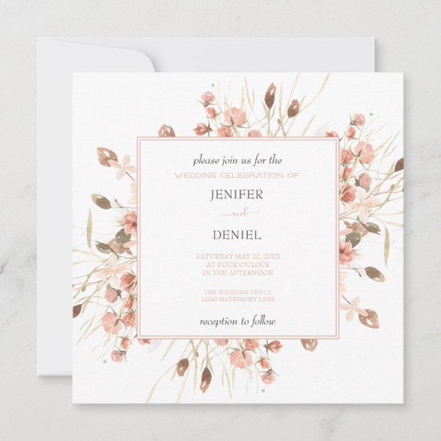 Boho Dried Watercolor Floral Wedding Inbjudningar (Framsida)