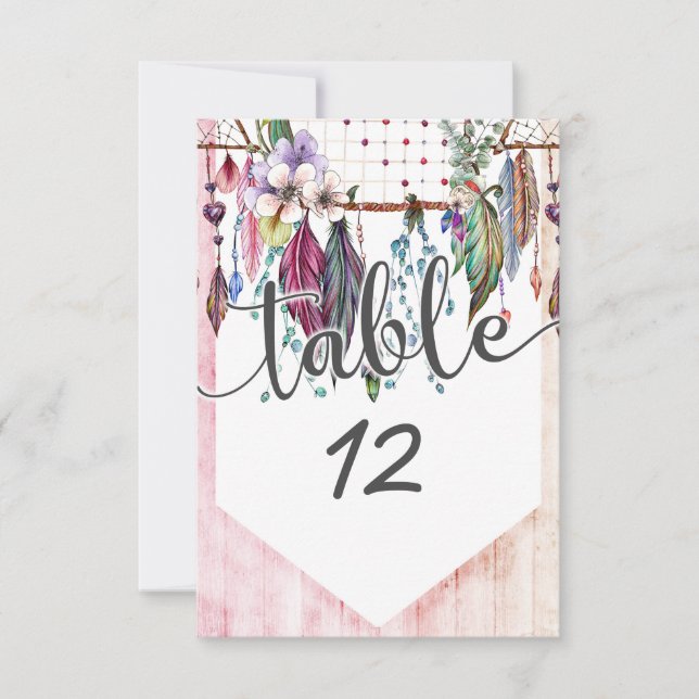 Boho drömfångare & fjädrar bröllopsbord nummer inbjudningar (Framsida)