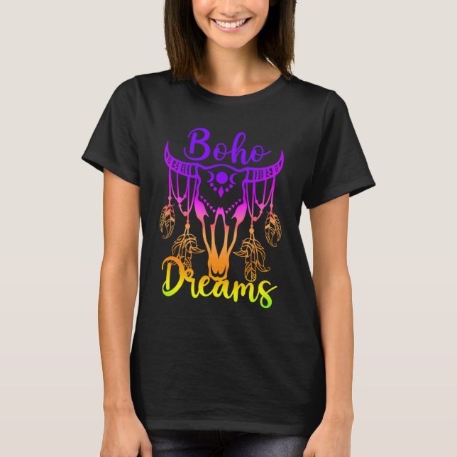 Boho Drömmar Nötkranie Fjädrar Ljus Regnbåge O T Shirt (Framsida)