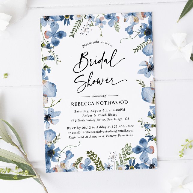 Boho Dusky Blue Blommigts Botanical Möhippa Inbjudningar (Skapare uppladdad)