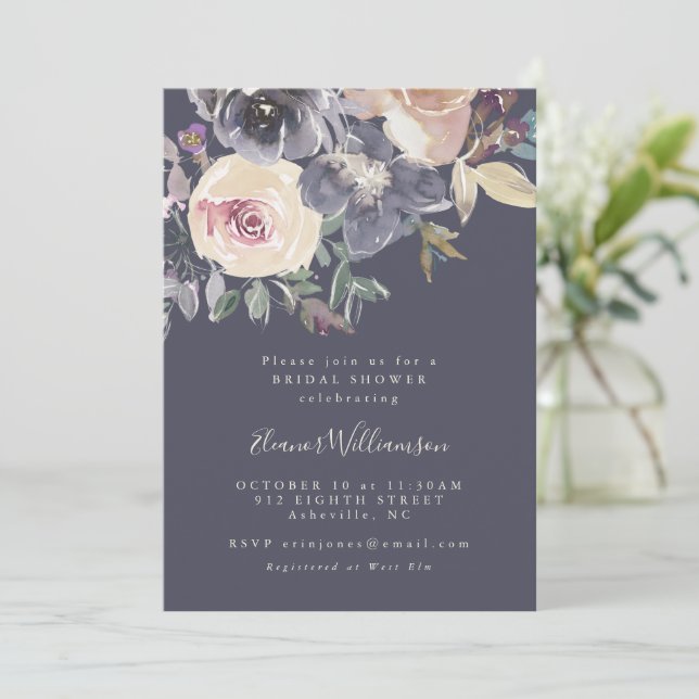 Boho Dusky Mörk Lila Blommigt  Script Möhippa Inbjudningar (Stående Fram)