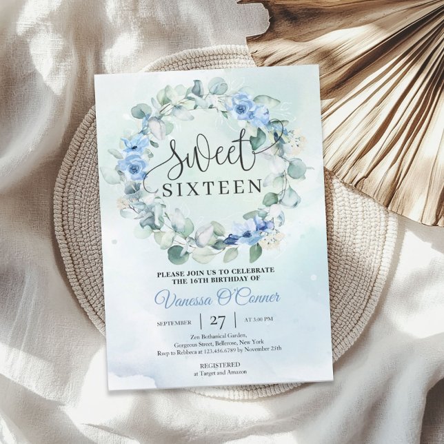 Boho dusty blåa blommor eucalyptus wandeans inbjudningar (Boho dusty blue flowers eucalyptus wreath invitation)