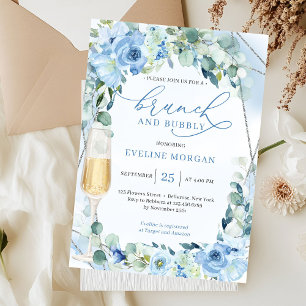 Boho dusty blåa blommor greenery brunch och bubblo inbjudningar