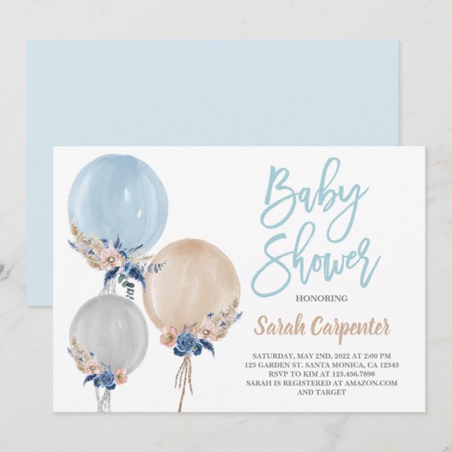 Boho dusty Blue Baby Shower balloboy Inbjudningar (Fram/baksida)