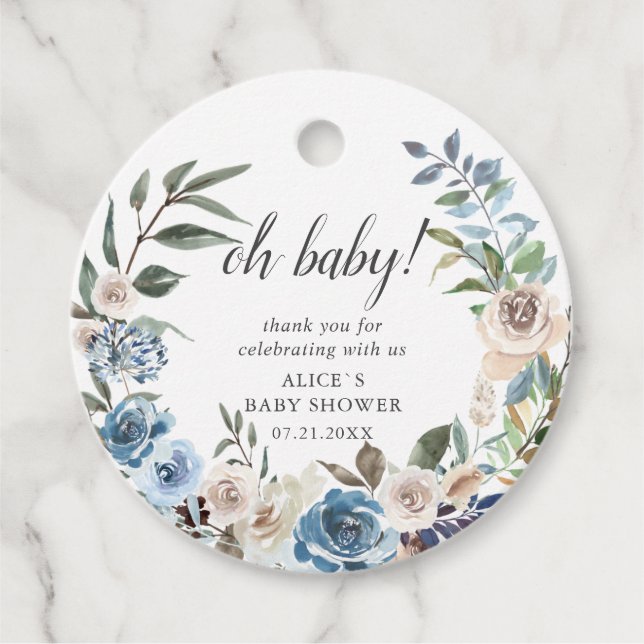 Boho Dusty Blue Beige Flowers Baby Shower Gåvor Etiketter (Framsida)