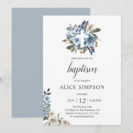 Boho Dusty Blue Beige Flowers Baptism  Inbjudningar