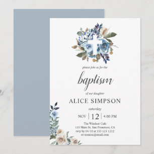 Boho Dusty Blue Beige Flowers Baptism  Inbjudningar